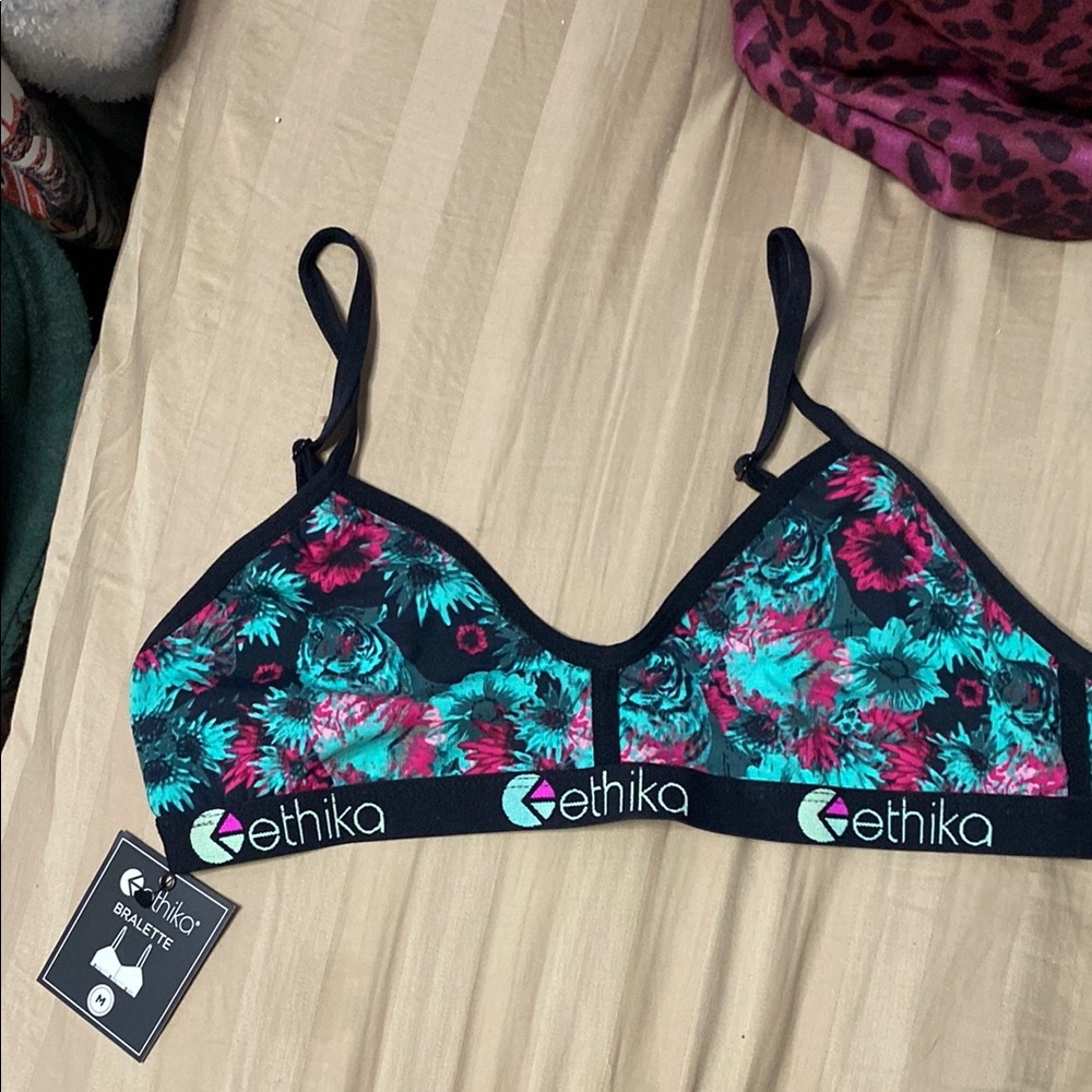 NWT Ethika Women's Floral Bralette - Black and Teal